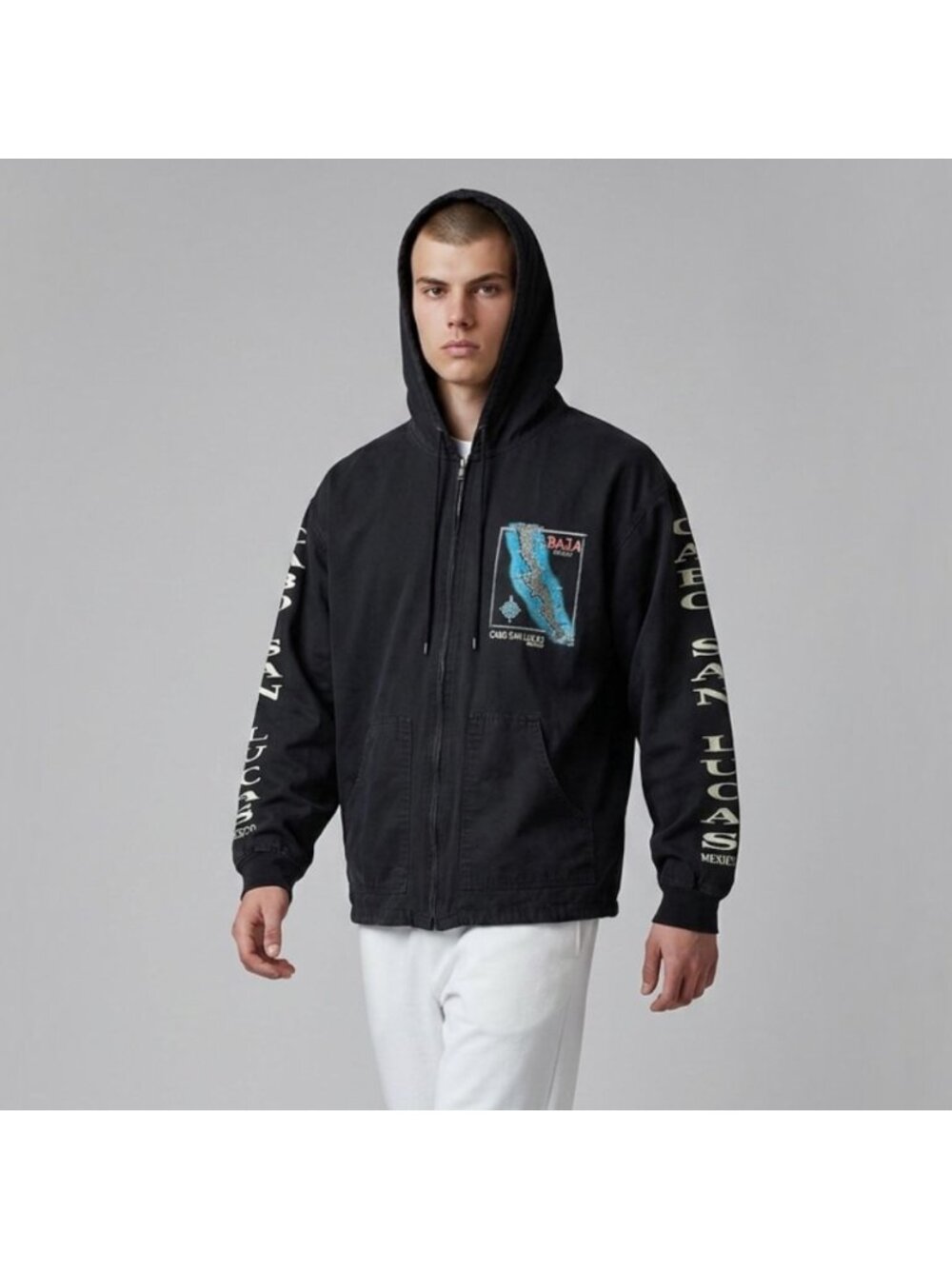 Vintage Cabo San Lucas Baja Mexico Lightweight Hooded Jacket Map Print Black Lg. - Picture 8 of 12